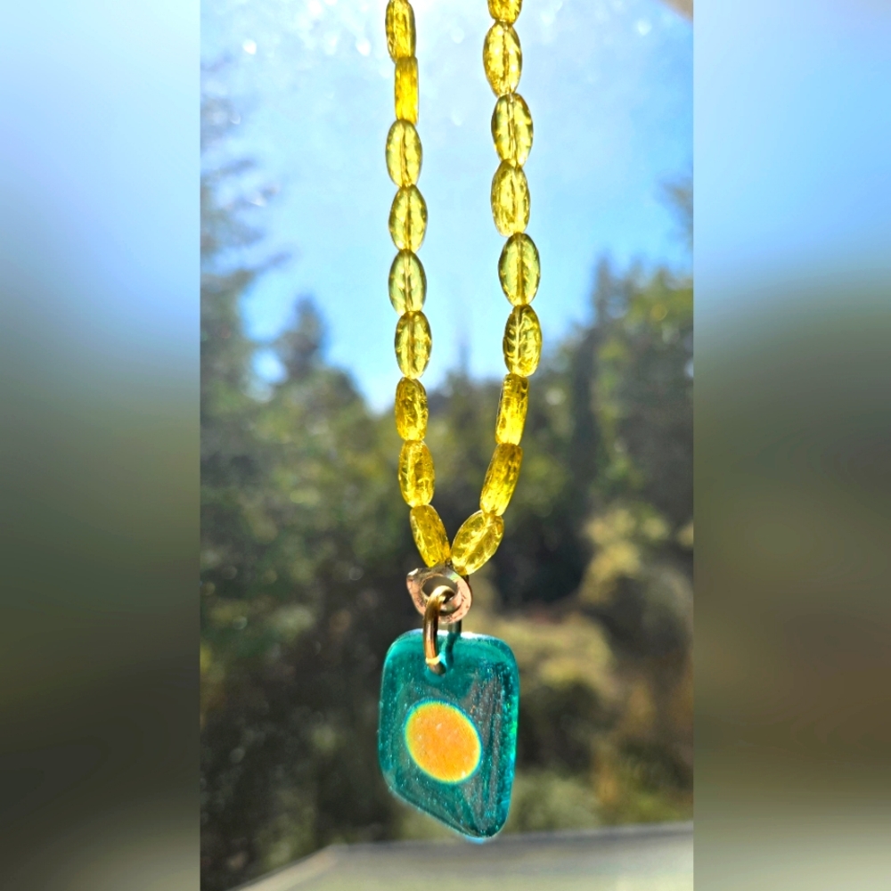 Hand-made glass bead necklace with glass pendant.  One of a kind! Simple beauty.